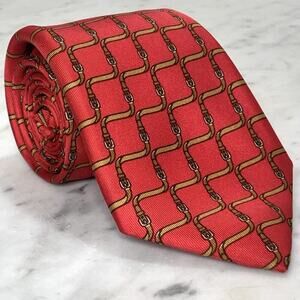 HERMES Tie 100% Silk Necktie 55" x 3-1/8" Brown Belt w Buckle on Red 7009 EUC